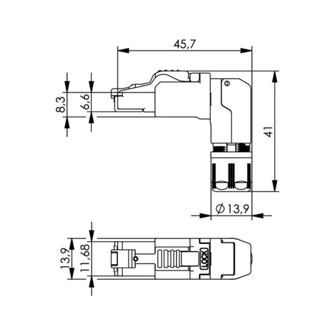 RJ45 штир роз'єм MFP8-4x90 T568B Cat.6A, AWG24/1-22/1, AWG27/7-22/7